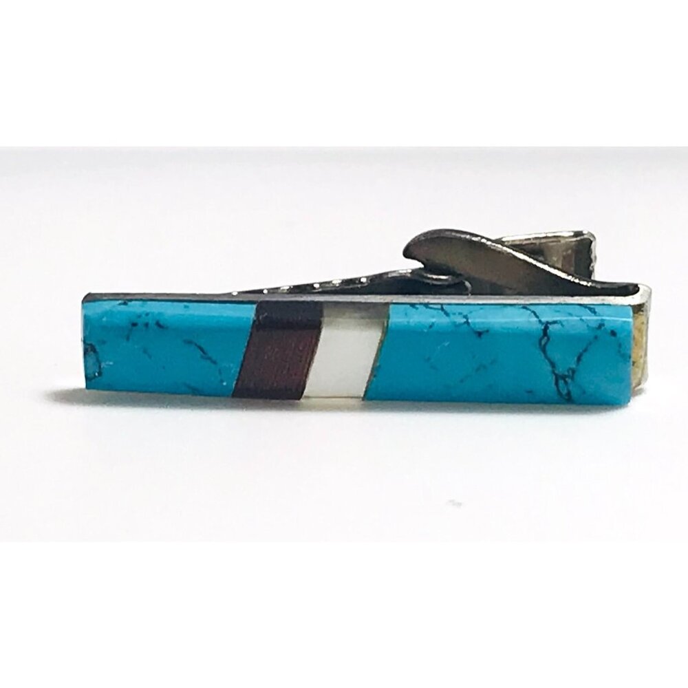 Vintage Tie Clasp Faux Turquoise Shell Wood Native American Inlay Style